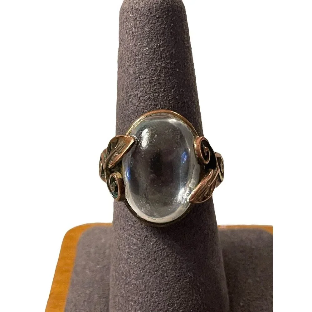 VTG Cabochon Clear Glass Filigree Floral Brass Ring Oval Gypsy Orb‎ MCM Size 7
